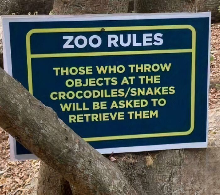 A zoo rules sign warns, "Those who throw objects at the crocodiles/snakes will be asked to retrieve them." Oddly specific rules, indeed.