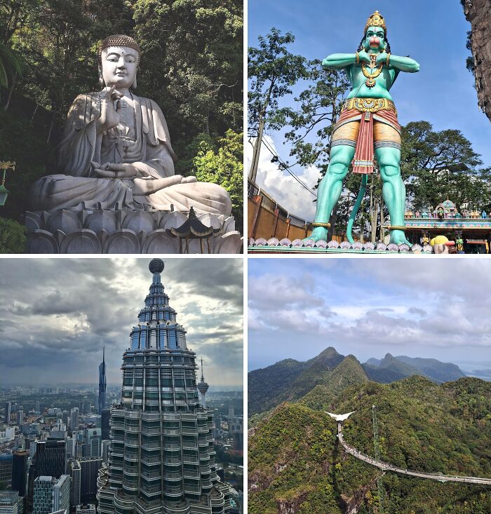 A breathtaking travel photos collage with a Buddha statue, a large green deity, a skyscraper city view, and a sky bridge over mountains.