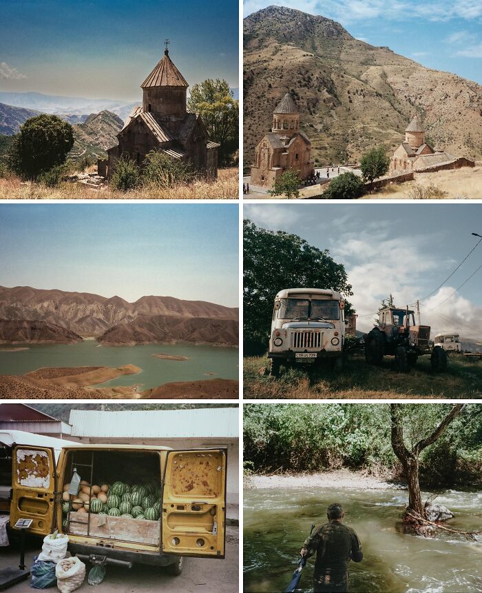 A collage of breathtaking travel photos: ancient monasteries, a lake, old vehicles, a fruit van, and a person fishing.