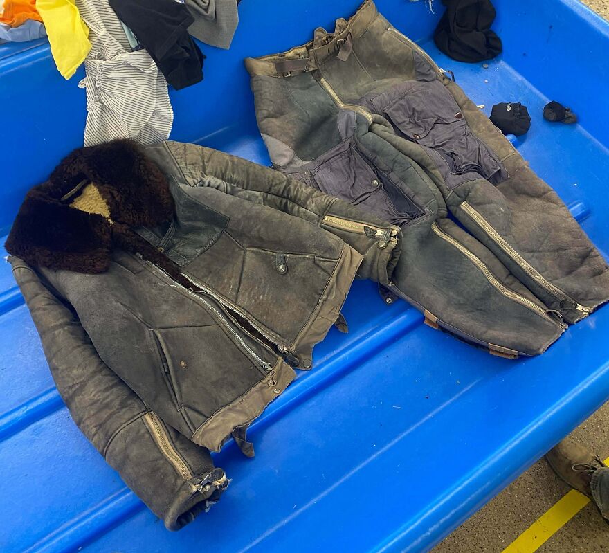 Vintage leather aviator jacket and pants in a Goodwill bin. A suspicious find among other clothes.