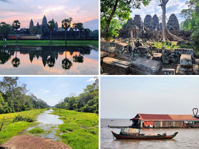 Breathtaking travel photos showcase Angkor Wat at sunrise, ancient temple ruins, lush green waterways, and a floating house.