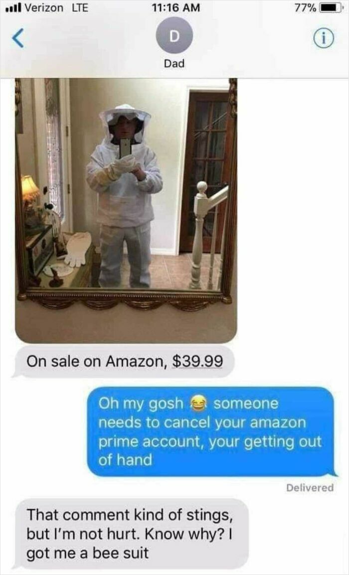 A USA meme of a dad in a bee suit taking a selfie in a mirror, with texts joking about it. Funny and relatable.
