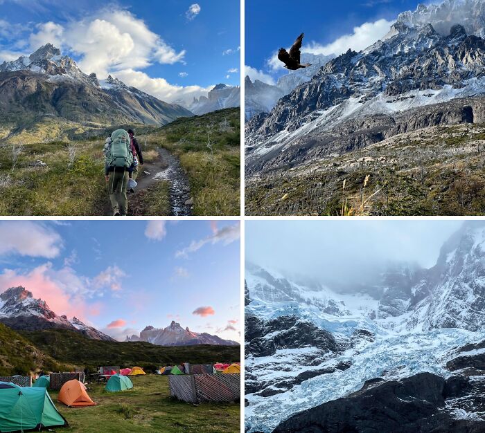 Breathtaking travel photos showcasing mountains, hiking, camping, and a glacier, proving the world's beauty.
