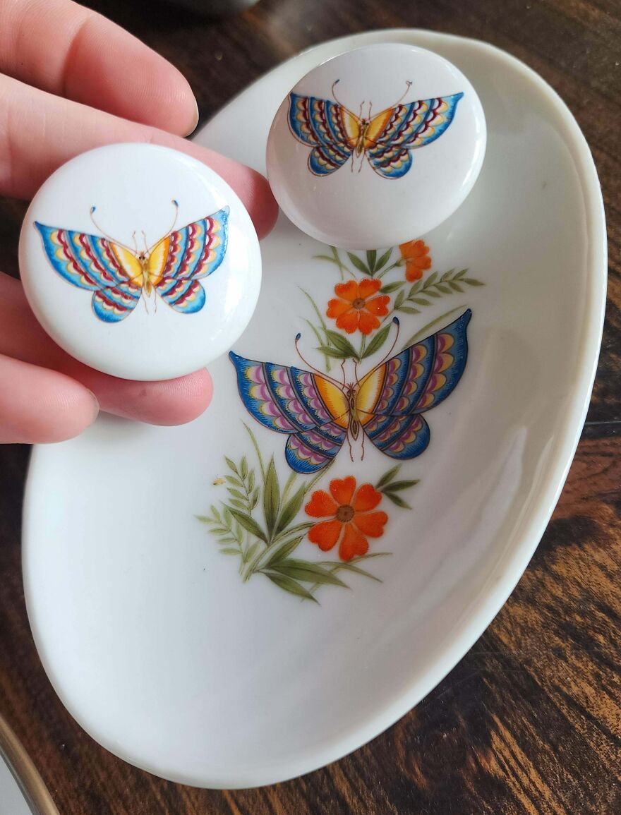 Colorful butterfly-themed items, possibly vintage, found in the Goodwill bins. A charming discovery among suspicious things.