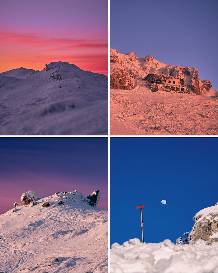 Four breathtaking travel photos of snowy mountains: a sunrise, a lodge, rocky peaks, and a moonlit pole.