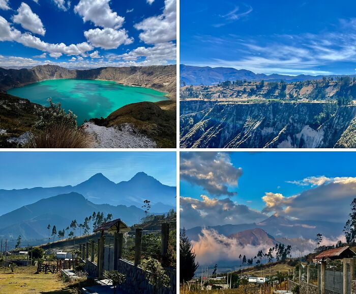 Breathtaking travel photos showcasing a turquoise lake, mountain ranges, and valleys under bright blue skies.
