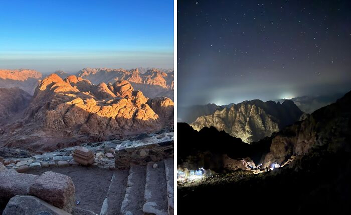 Breathtaking travel photos of mountains at sunrise with golden light and a serene starry night sky, truly beautiful.