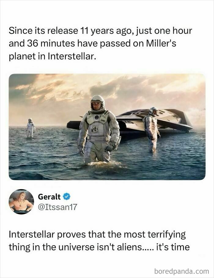 An entertaining post about Interstellar: astronauts in spacesuits wading in ocean, with a spaceship behind them. Pop-culture meme.