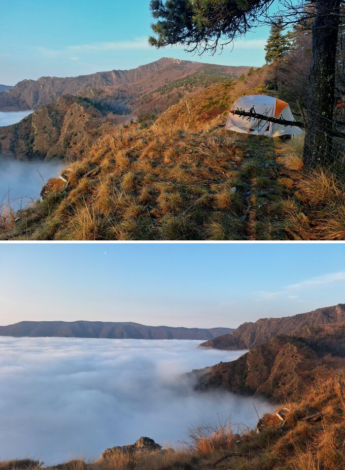 Breathtaking travel photos show a tent on a cliff overlooking a sea of clouds and distant mountains, a truly beautiful world.