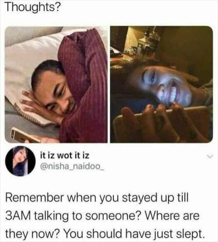Two funny USA Memes. A man smiling at his phone in bed, and a woman laughing at her phone in the dark.