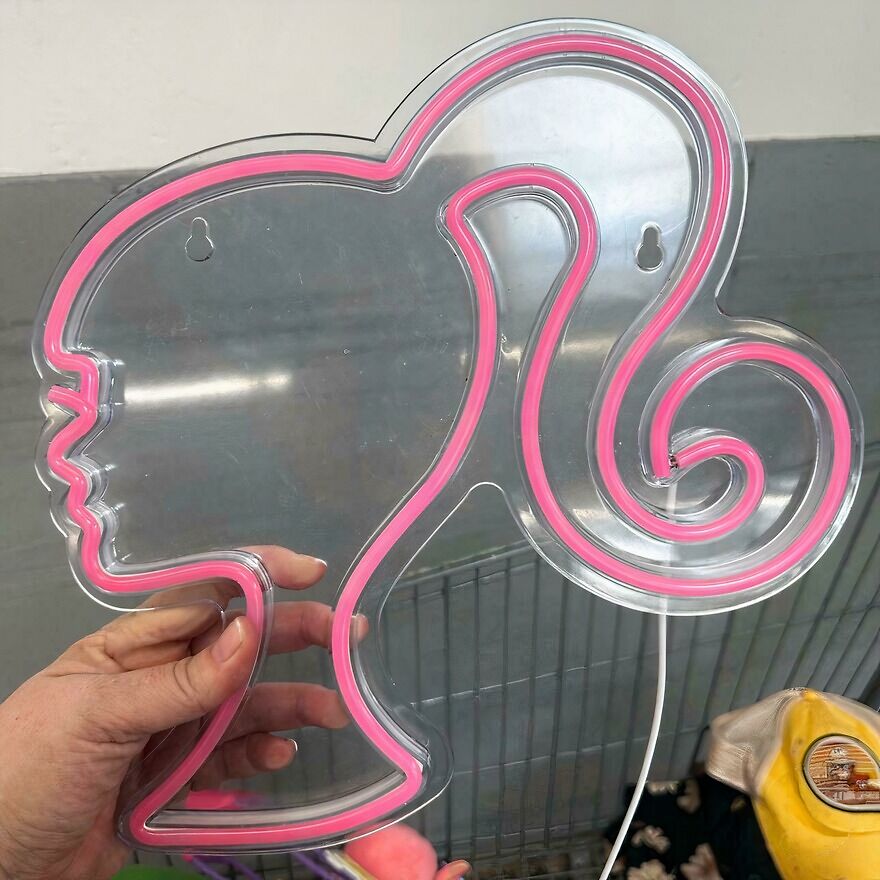 A hand holding a Barbie silhouette neon light. A Goodwill Bins find among other suspicious things.