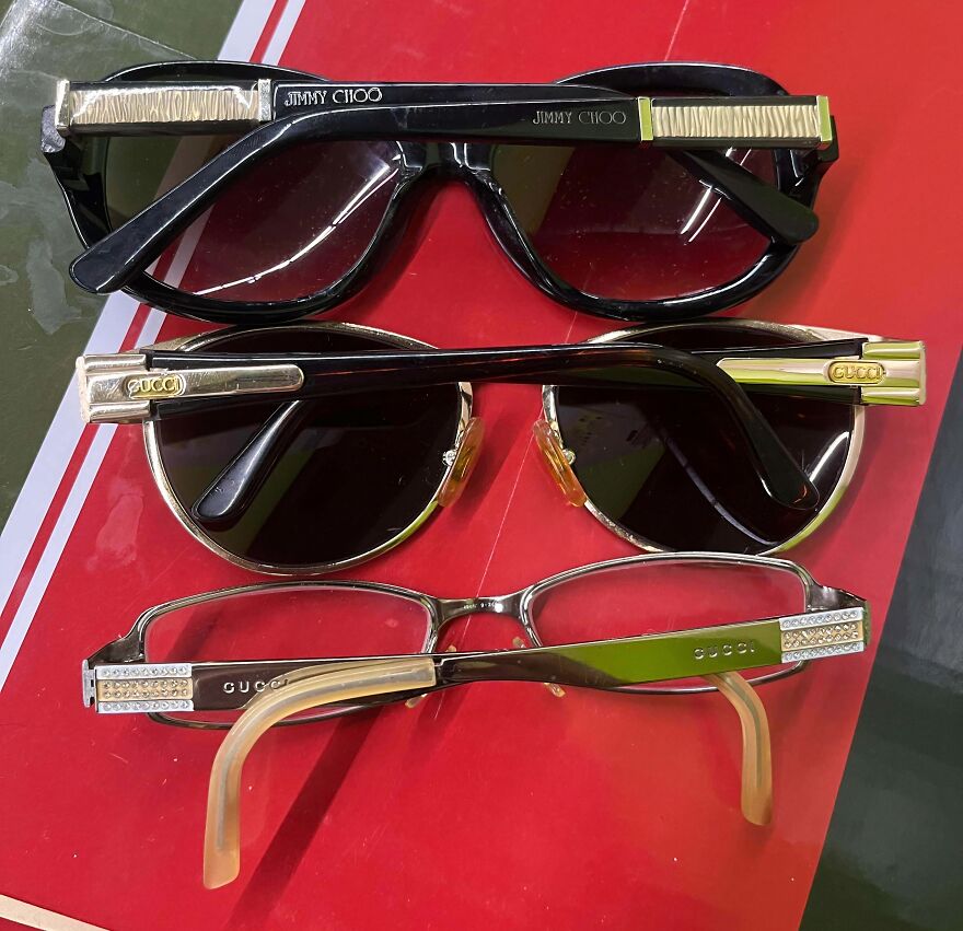Designer sunglasses and eyeglasses, like a gold bar, found in Goodwill bins. Luxury fashion finds.