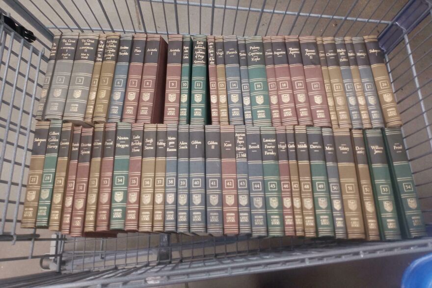 A large collection of gold bar colored books in a Goodwill bin, a suspicious good find for enthusiasts.