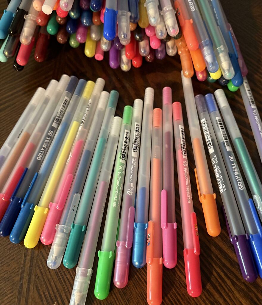 Colorful collection of gel pens, a surprisingly good find in the Goodwill bins for art enthusiasts.