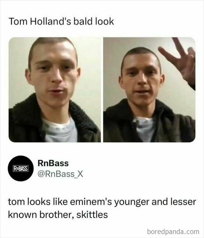 Two images of Tom Holland with a buzz cut, one showing a peace sign. An entertaining post about pop-culture.