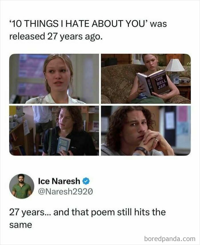 A collage of four stills from 10 Things I Hate About You, featuring pop-culture entertainment and memes.