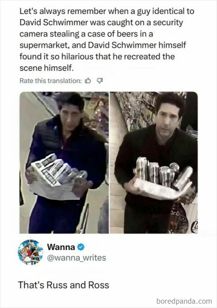 Two images side-by-side show a man resembling David Schwimmer carrying beers, a pop-culture meme fighting boredom.