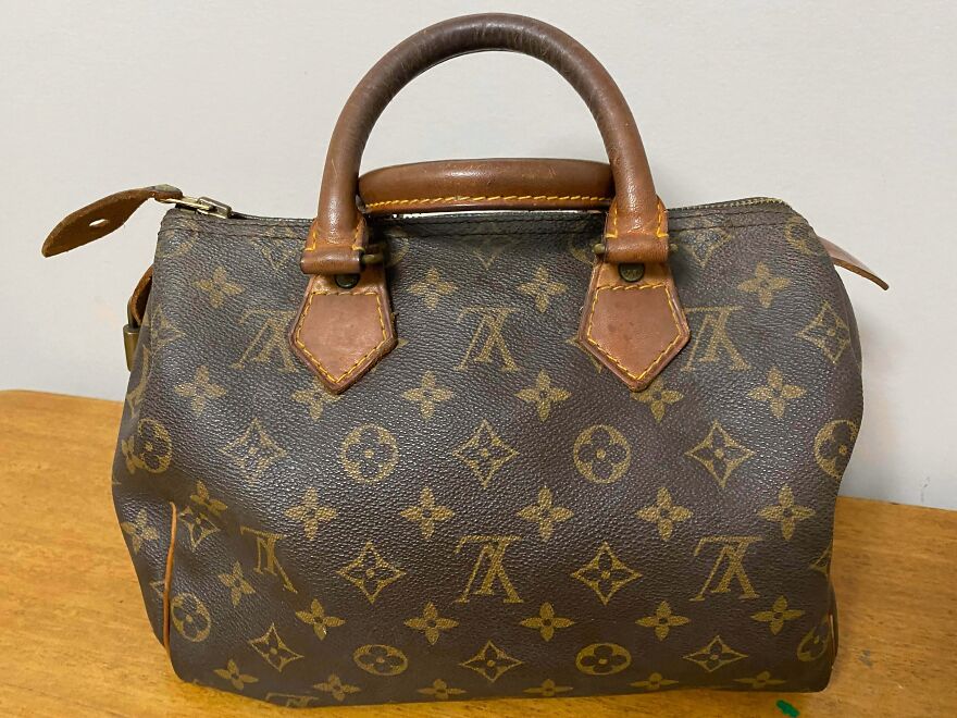A well-preserved, authentic Louis Vuitton handbag found in the Goodwill bins. A rare and luxurious find!