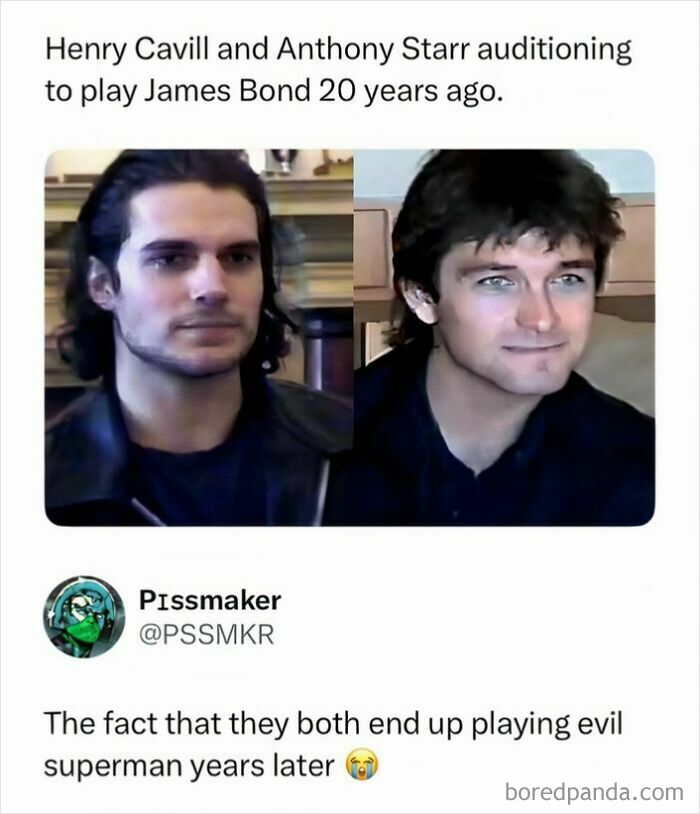 Henry Cavill and Anthony Starr auditioning for James Bond, part of entertaining posts about pop-culture.