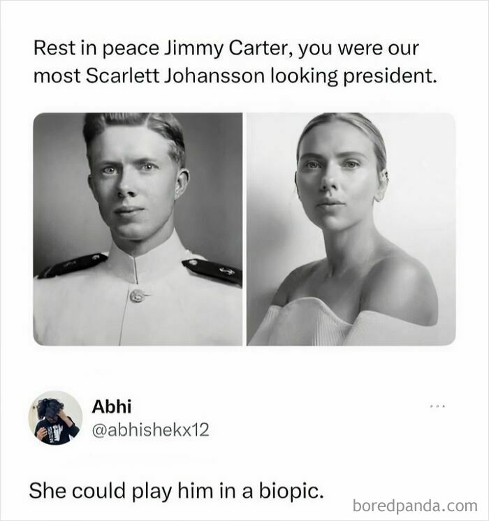 A meme with black and white photos of young Jimmy Carter and Scarlett Johansson, compared for their pop-culture resemblance.