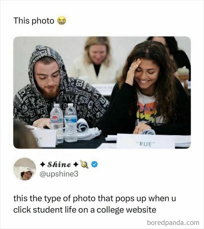 A meme featuring Zendaya and Angus Cloud, smiling in a classroom setting, an entertaining post about pop culture.