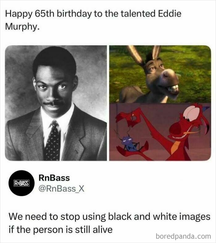 A meme featuring a black and white photo of Eddie Murphy next to images of Donkey and Mushu, popular pop-culture characters he voiced.