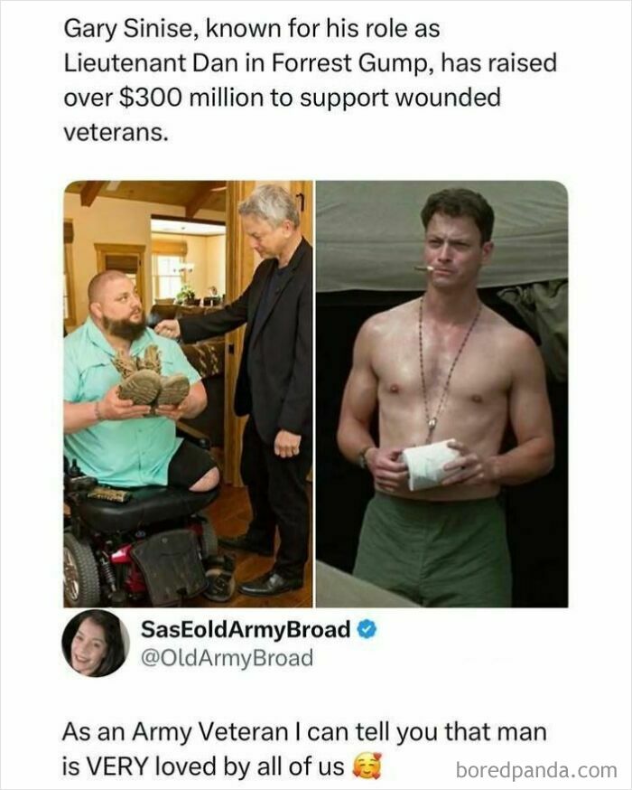 Gary Sinise helping a veteran and as Lieutenant Dan, showcasing his support for veterans and pop-culture.