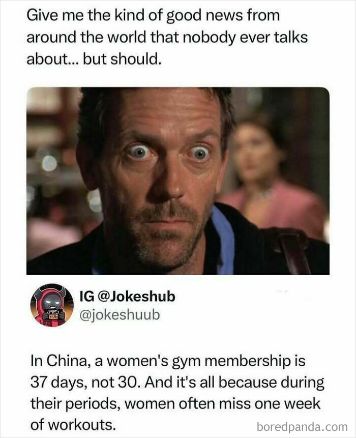 A pop-culture meme featuring a surprised Hugh Laurie reacts to good news from China, providing entertainment and fighting boredom.