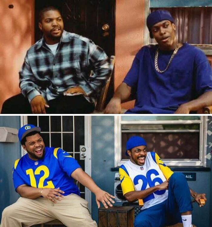 A pop-culture meme comparing characters from Friday with cosplayers in Rams jerseys. Entertaining posts and memes.