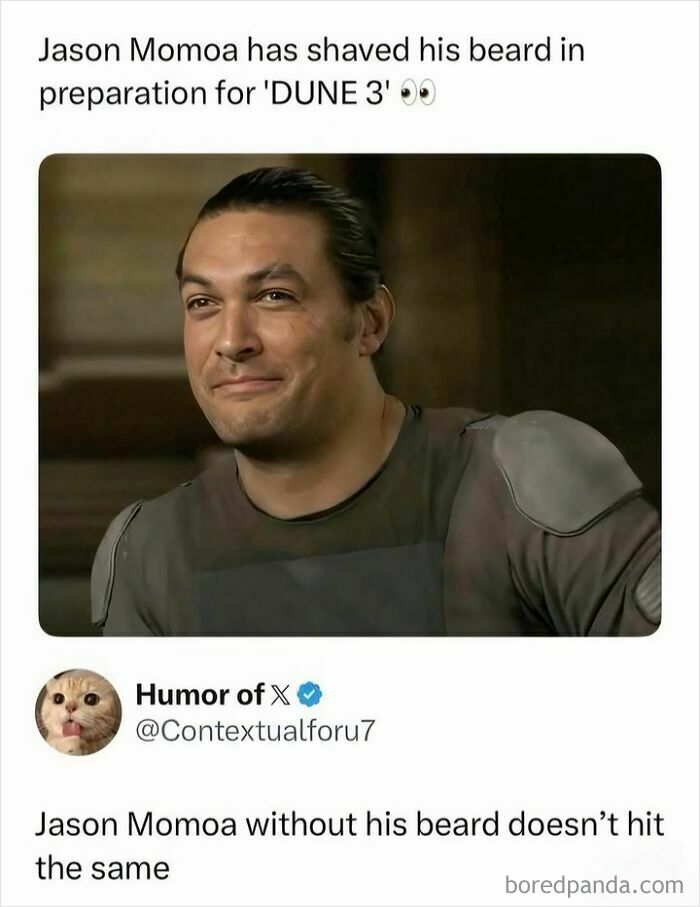 Jason Momoa clean-shaven, looking surprised, from an entertaining pop-culture meme about his new look for Dune 3.