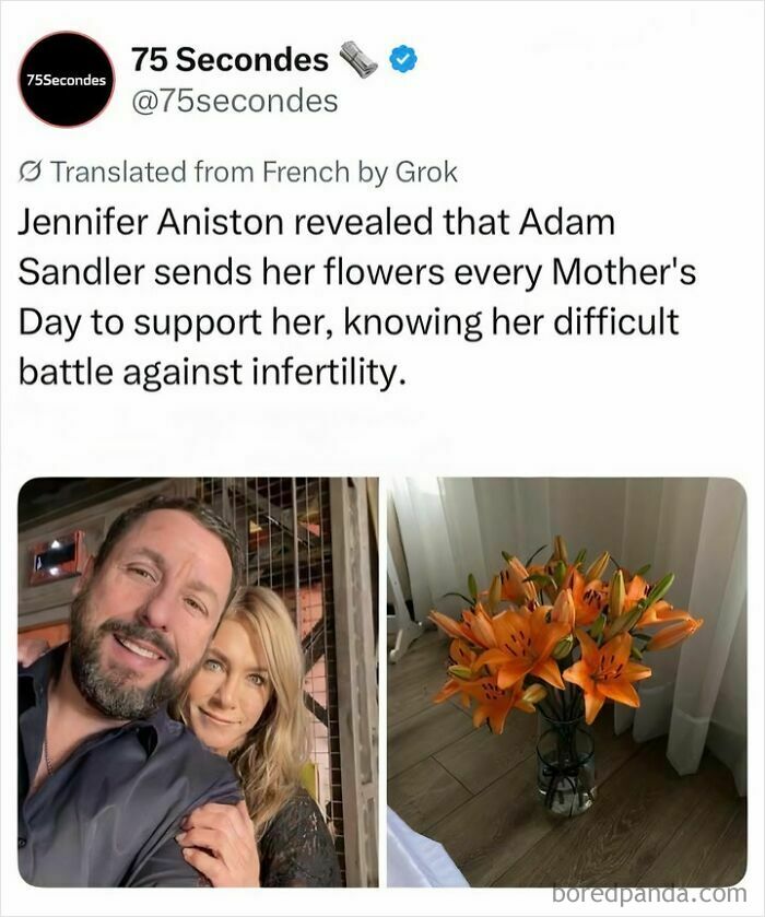 Adam Sandler and Jennifer Aniston selfie, alongside a vase of orange flowers, illustrating pop-culture entertainment.
