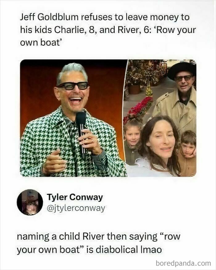 Jeff Goldblum discussing his kids and pop-culture, generating entertaining posts and memes. He is laughing in a houndstooth jacket.