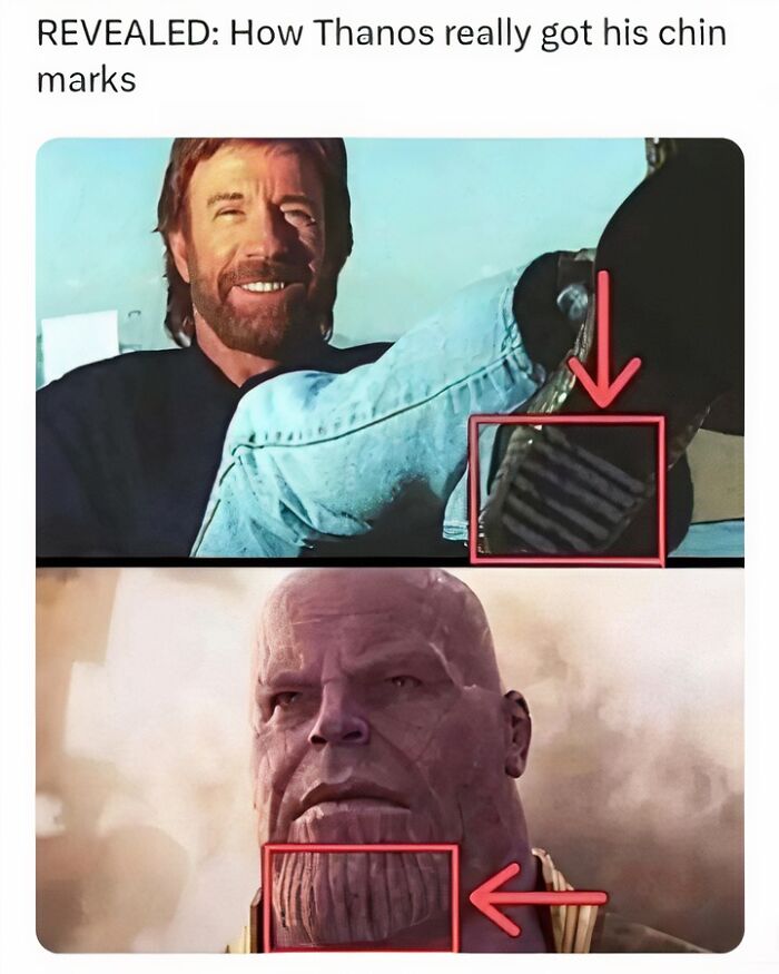 A pop-culture meme showing Chuck Norris's boot sole aligned with Thanos's chin marks, suggesting their origin. Entertaining posts.