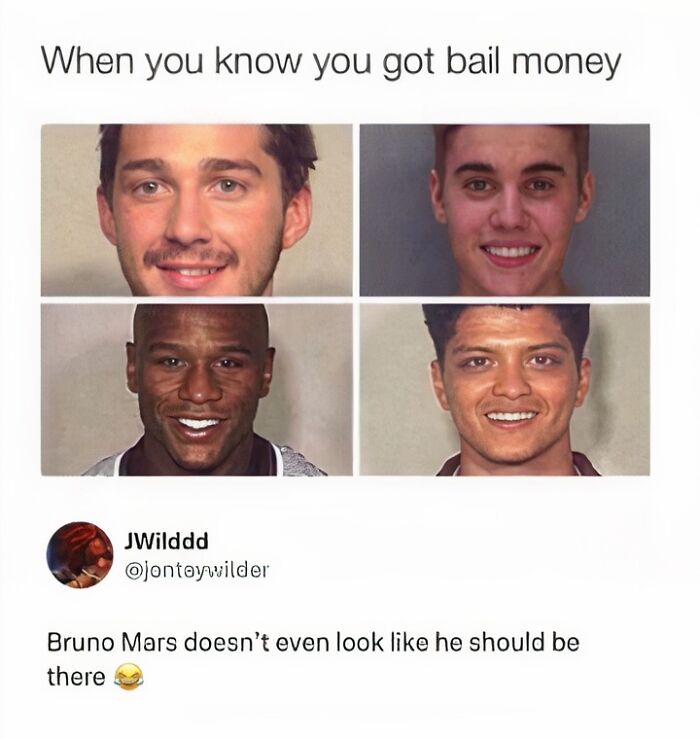 Mugshots of Shia LaBeouf, Justin Bieber, Floyd Mayweather, and Bruno Mars smiling, part of entertaining posts about pop-culture.