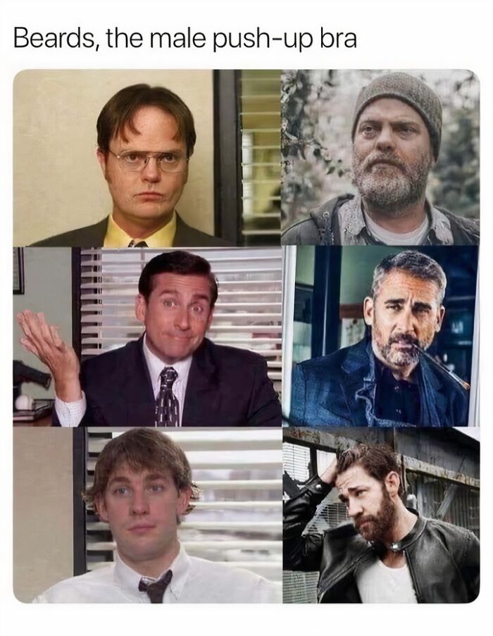 A meme with six pictures of actors from The Office, comparing their clean-shaven looks to their bearded looks. Pop-culture entertainment.