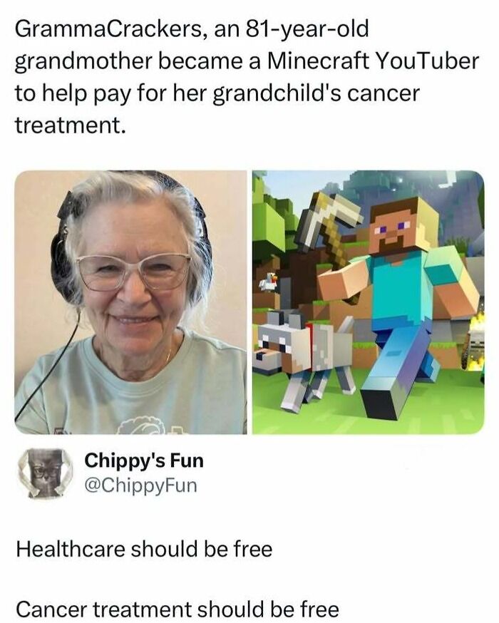 GrammaCrackers, an 81-year-old Minecraft YouTuber, alongside a Minecraft character and wolf, highlighting pop-culture entertainment.
