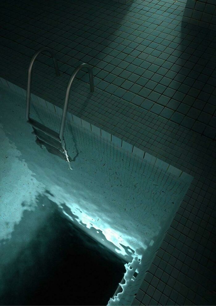 An overhead view of a dark, unsettling swimming pool with steps, featuring uncomfortable water and light reflections.