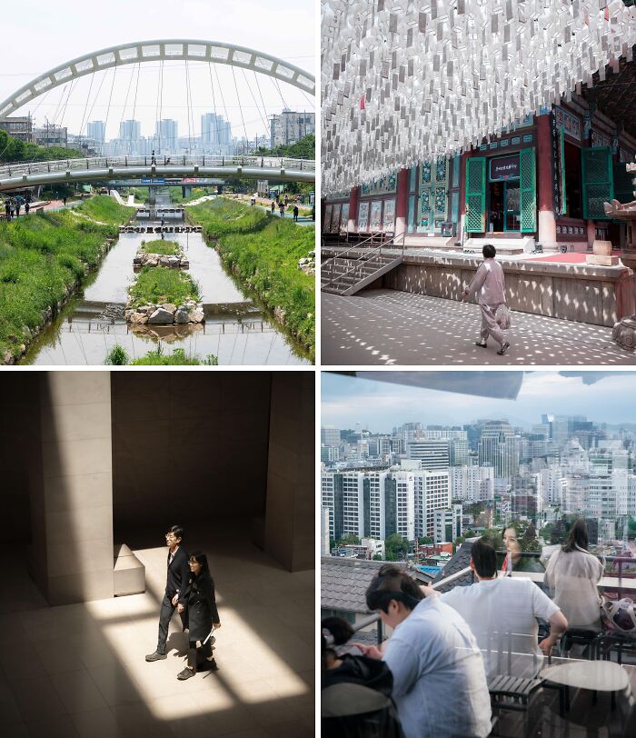 Breathtaking travel photos showcasing a modern bridge, a temple with lanterns, two people in sunlight, and a cityscape.