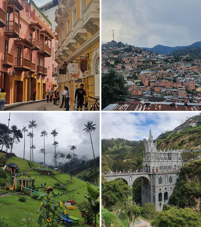 A collage of breathtaking travel photos: colorful street, hillside town, palm trees, and a majestic cathedral.