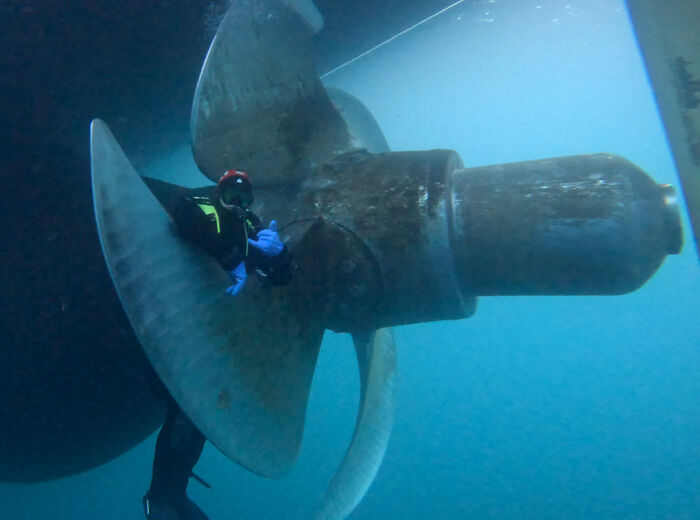 Uncomfortable water pics of a diver next to a giant ship propeller, making them feel small under the sea.