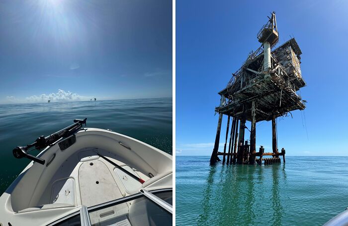 Uncomfortable water pics of a boat on calm waters and a rusty abandoned oil rig, making you feel small.