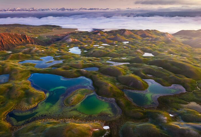 Unbelievable photos of Earth's stunning green landscape with numerous blue and green lakes, feeling like another universe.