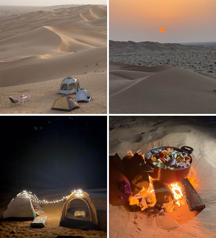 Stunning desert travel photos show breathtaking camping, sunset, and cooking scenes. The world is beautiful.