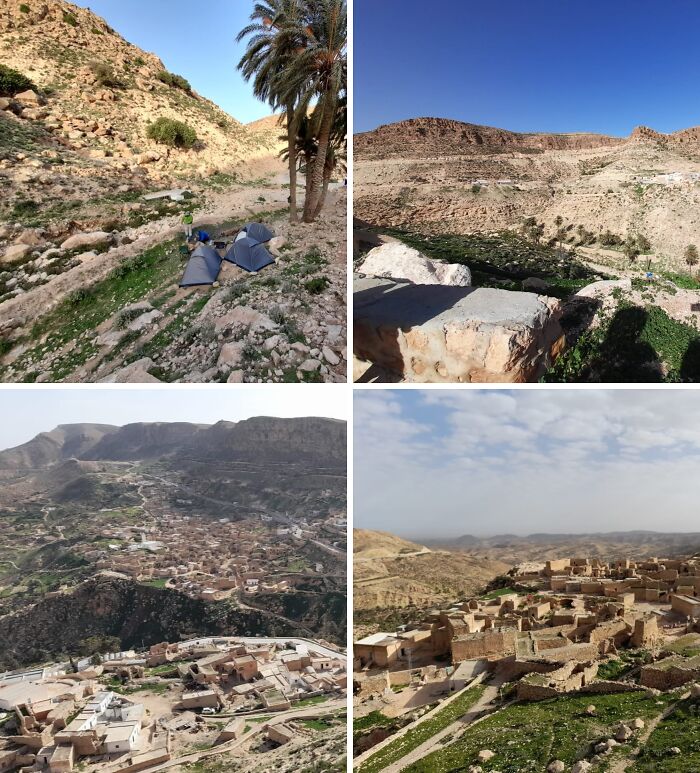A collage of breathtaking travel photos: a desert oasis with tents, a panoramic view of desert mountains, and two views of ancient villages.