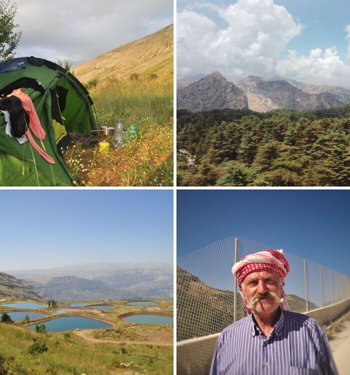 Breathtaking travel photos showcasing camping, mountains, forests, lakes, and a local man in a traditional headscarf.