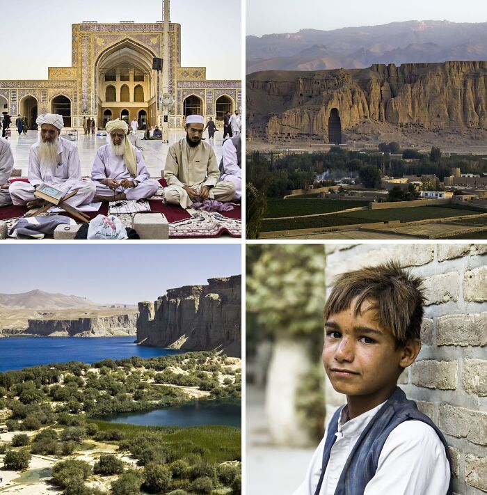 Breathtaking travel photos showcasing the world's beauty: a mosque, mountainous landscapes, a lake, and a young boy.