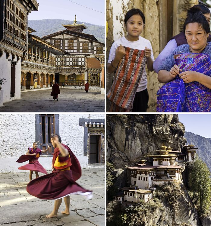Breathtaking travel photos showcase Bhutan: monks, locals with textiles, and Tiger's Nest monastery perched on a cliff.