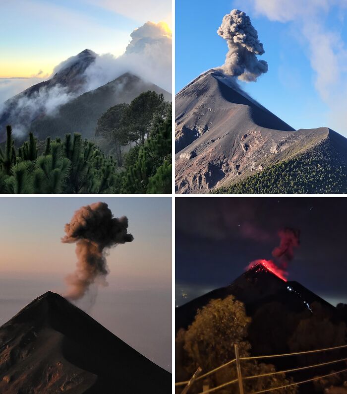 Four stunning travel photos showing a volcano in various stages, from cloudy peaks to erupting lava, highlighting breathtaking travel.