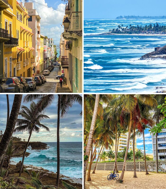 A collage of breathtaking travel photos: a colorful street, stormy ocean, a rocky coastline with palm trees, and a sandy beach with palms.