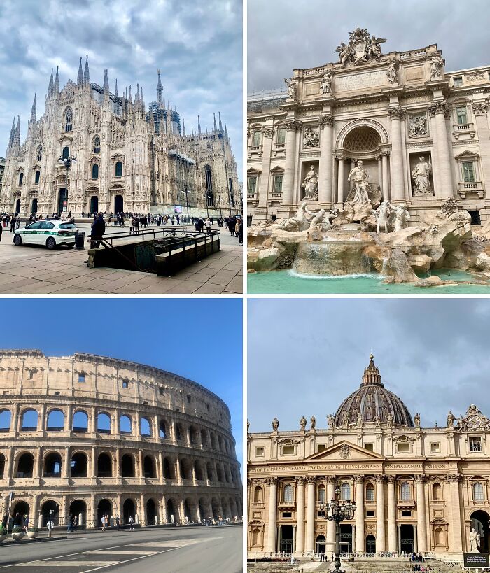 Breathtaking travel photos of iconic Italian landmarks: Milan Cathedral, Trevi Fountain, Colosseum, and St. Peter's Basilica.